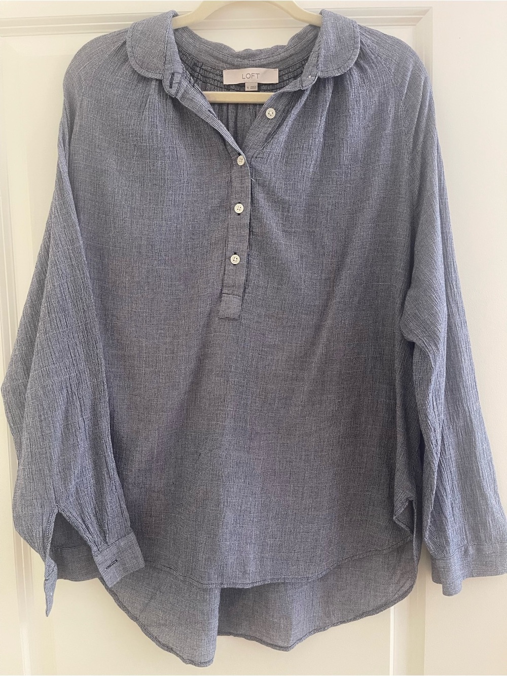 LOFT Slate Blue Button-Front Casual Gauze Shirt